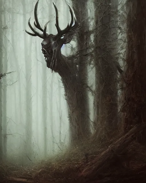 Image similar to oil painting of forest spirit made out of wooden sticks with a deer skull for a face, dark forest, fog, dark fantasy, gloomy, pale colors, by greg rutkowski