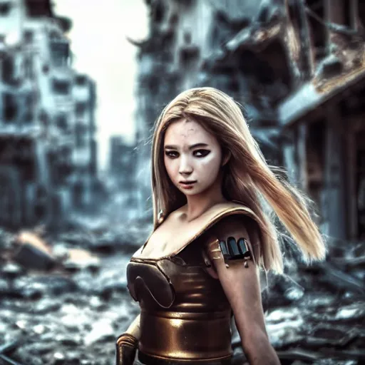 Image similar to beautiful android girl in full battle gear in a destroyed city, moody lighting, 8 k, shallow depth of field, cinematic lighting,