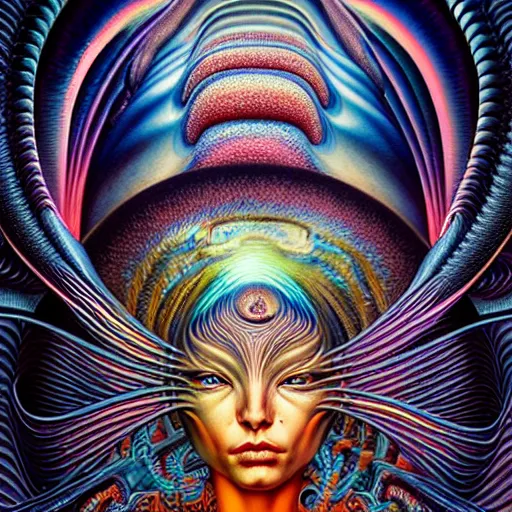 Prompt: Schwellenerfahrung in der Auflösung durch LSD, a intricate psychedelic painting, hyperdimensional, alex grey, HR Giger, peter mohrbacher