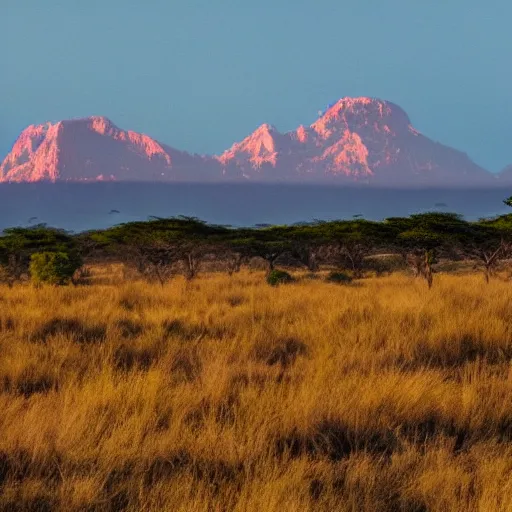 Image similar to an expansive cinematic mystical savanna with a mighty mountain in the background