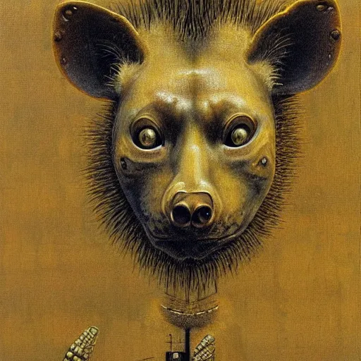 Image similar to horrific grotesque hyena and calculator hybrid, beksinski style painting, highly detailed