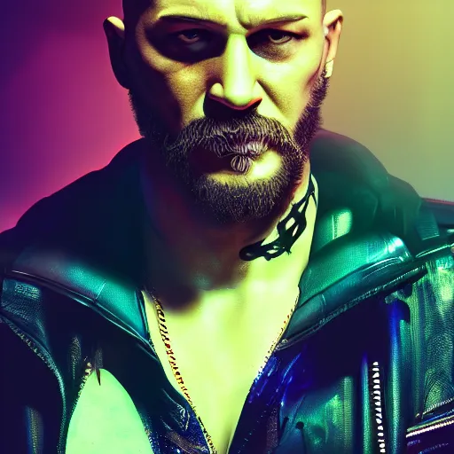 Image similar to tom hardy portrait, cyberpunk 2 0 7 7, cyberpunk, photorealistic, ultra detailed, neon, octane, bokeh, cinematic lighting, cyber, cyberpunk city, studio quality, feature, scars, cyberface, 8 k