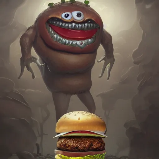 Image similar to a monster with a hamburger head on a suit, hamburger monster, burger face, burger with human eyes, burger with a mouth, very detailed eyes, character concept art, fantasy, intricate, fantasy drawing, illustration, highly detailed, hyperrealistic, cgsociety, artstation, oil painting by greg rutkowski