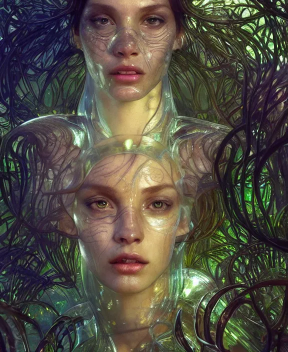Prompt: opulent transparent clear see - through portrait of a terrifying beautiful male alien centipede ai software, mottled coloring, adorable, childlike, overgrown biopunk jungle environment, ultra realistic, concept art, art nouveau, photorealistic, octane render, 8 k, unreal engine. art by christopher marley and artgerm and greg rutkowski and alphonse mucha