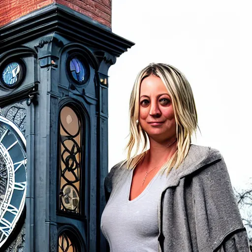 Image similar to A detailed photo of Kaley Cuoco under the Eastgate clock in Chester. Behind her we see a black panther