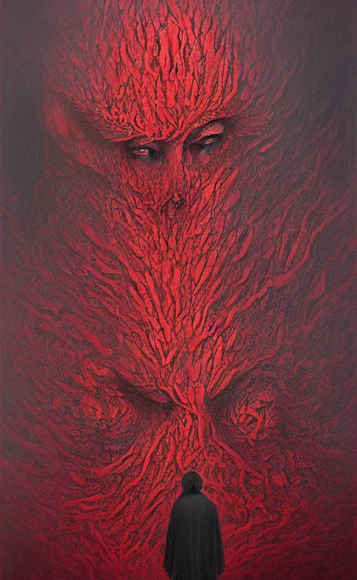 Image similar to black dramatic portrait painting of human with black mandelbrot fractal instead of face, in style of zdzisław beksinski, dark red, horror, body horror, scary,