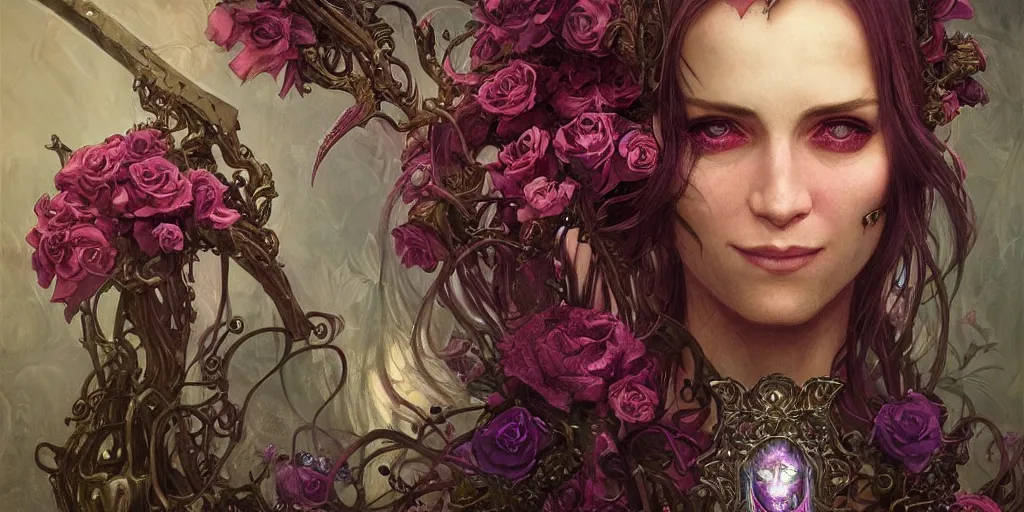 Image similar to flowerpunk necromancer lord with a mischievous smile, unreal, fantasy, intricate, elegant, dramatic, highly detailed, photorealistic, digital painting, painterly, artstation, concept art, smooth, sharp focus, art by john collier and krenz cushart and artem demura and alphonse mucha and albert aublet