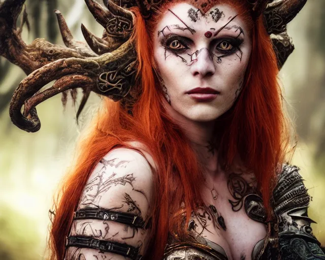 Image similar to 5 5 mm portrait photo of an armored gorgeous anesthetic redhead woman warrior with a face tattoo and horns growing from her head, in a magical forest in the style of stefan kostic, art by luis royo. highly detailed 8 k. intricate. lifelike. soft light. nikon d 8 5 0. cinematic post - processing