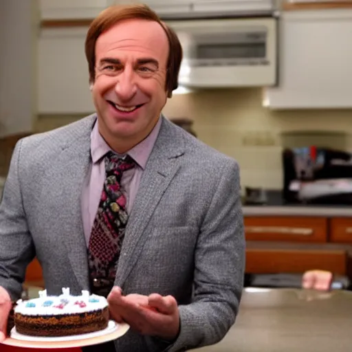 Image similar to saul goodman, smiling, holding a birthday cake