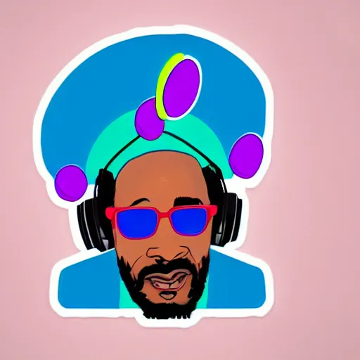 Image similar to svg sticker of a Dancing-Ben-Harper-Snoop-Spike-Lee-with-a-large-Afro-Puff, at a rave, spinning records, giant headphones rocking out, wearing headphones, huge speakers, dancing, rave, DJ, spinning records, digital art, amazing composition, rule-of-thirds, award-winning, trending on artstation, featured on deviantart