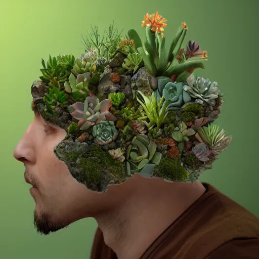 Prompt: succulents and cactus growing inside a human head side on made out of glass, 8 k detailed photograph, unreal engine, trending on artstation, award winning, emotional surrealist art, very very beautiful