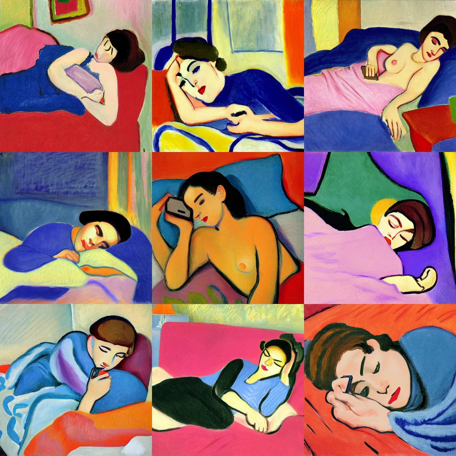Prompt: cosy girl in bed with her phone painting by matisse
