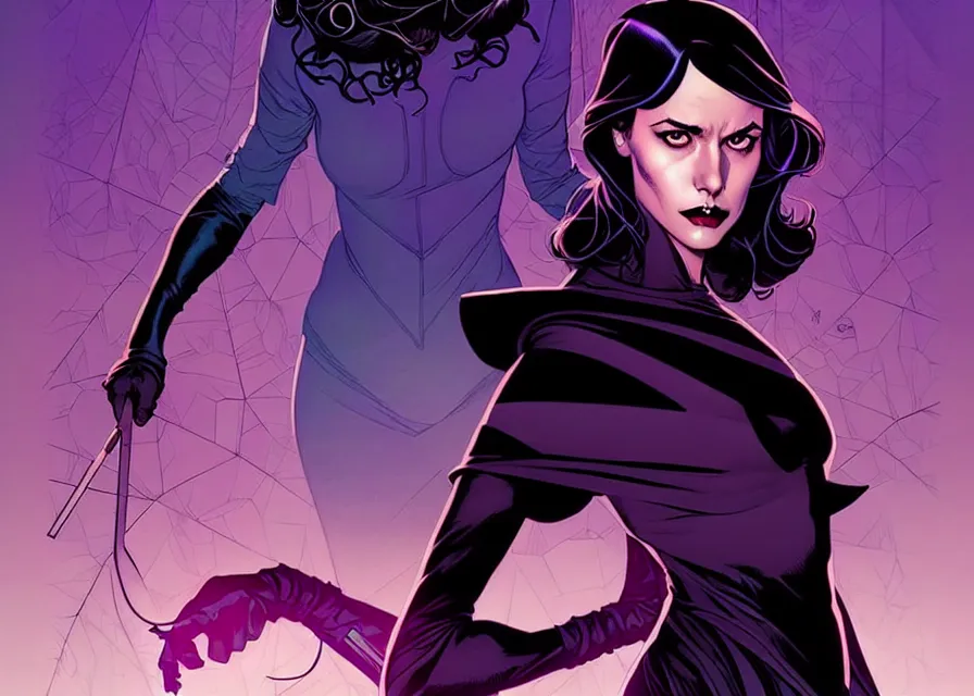 Image similar to Rafael Albuquerque comic cover art, artgerm, Joshua Middleton, pretty Stella Maeve witch doing black magic, serious look, purple dress, symmetrical eyes, symmetrical face, long black hair, full body, dark forest in the background, cool colors