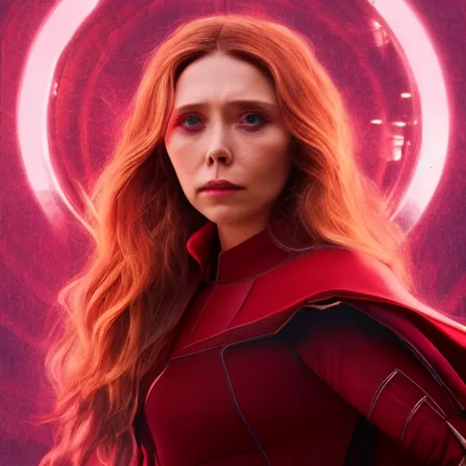 Image similar to movie still of elizabeth olsen as scarlet witch rewriting the fabric of reality, photorealistic art style, fantasy aesthetic. full - body photography, comprehensive art, thorough details, intricate, artstation, cgsociety contest winner