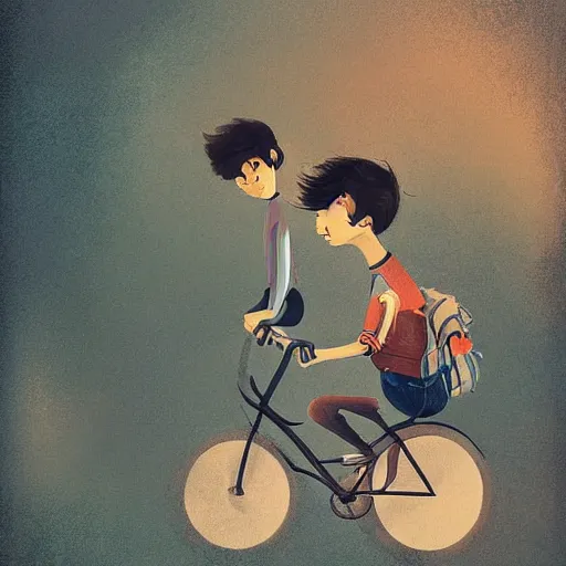 Image similar to a father helping his son ride a bike for the first time, flat graphic style, children's book illustration by Loish, Wenjun Lin