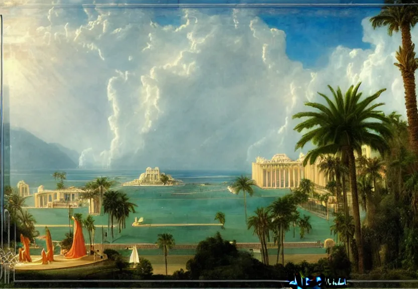 Image similar to Palace floating in the sky, 1km tall, thunderstorm, greek pool, beach and palm trees on the background major arcana sky, by paul delaroche, hyperrealistic 4k uhd, award-winning, very very very detailed