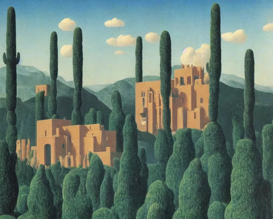 Image similar to an enchanting cosmic château hidden in the desert time forgot by Rene Magritte and Giovanni Paolo Panini.