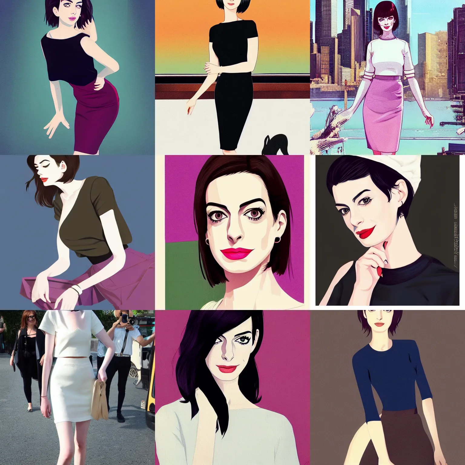 Prompt: anne hathaway wearing a low cut blouse and tight skirt, artstyle : ilya kuvshinov