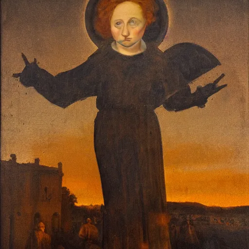Prompt: 1 8 th painting of a giovanna d'arco burned at the stake, with a suffering face, medium shot, sunsest golden hour