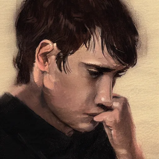 Image similar to Portrait of a man by Greg Rutkowski, he is about 20 years old, mixture between french and spanish, short brown hair with bangs, manly, attractive, wide forehead, sturdy, he is horrified but resigned looking at the computer screen knowing the schedule for the second semester, he is wearing a black t-shirt, highly detailed portrait, dystopian, digital painting, artstation, concept art, smooth, sharp foccus ilustration, Artstation HQ