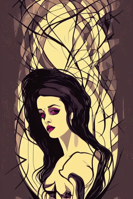 Image similar to vector style the abstract painting of an image of a lady artistic flat illustration, goth punk minimal figure art, soft colors mono chromatic, art in the style of Artgerm and Greg Rutkowski and Alphonse Mucha