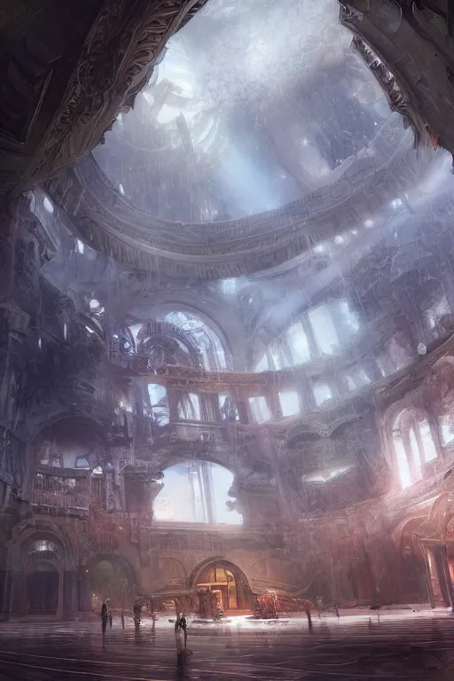 Image similar to inside of an atlantis palace, intricate, elegant, volumetric lighting, digital painting, highly detailed, artstation, sharp focus, illustration, concept art, ruan jia, steve mccurry