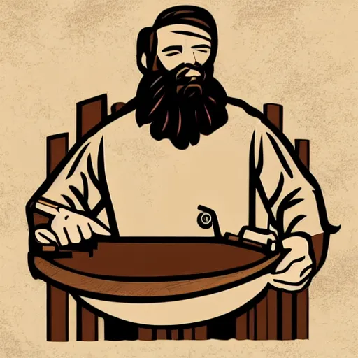 Prompt: bearded man turns wooden bowl using woodlathe, lathe, machinery, vector art
