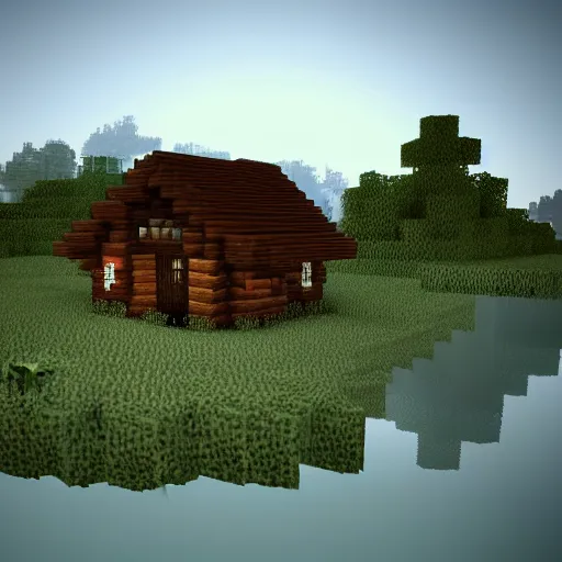 Image similar to atmospheric render of a small cabin next to a lake inside a dark underground cavern, minecraft rtx, 4 k