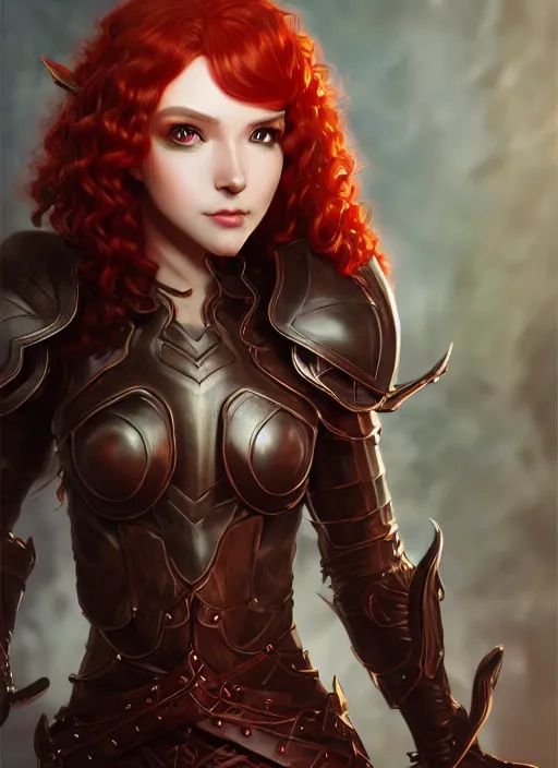 Image similar to leather armor!!! beautiful and elegant curly red hair female elf!! gorgeous ayes!! character concept art, sharp focus, octane render! unreal engine 5! highly rendered!! trending on artstation!! detailed linework!! illustration by artgerm, wlop, and chie yoshii