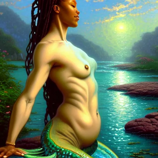 Prompt: a lithe enchanting xhosa water spirit mermaid yoga guru. smooth concept art, 4 k matte portrait by thomas kinkade, ted nasmith, trending on artstation, alphonse mucha, pagan wicca. beautiful digital painting