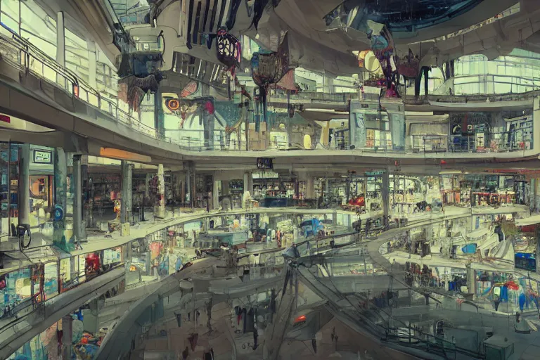 Prompt: dystopian shopping mall interior cyberpunk depressing, Benjamin Last