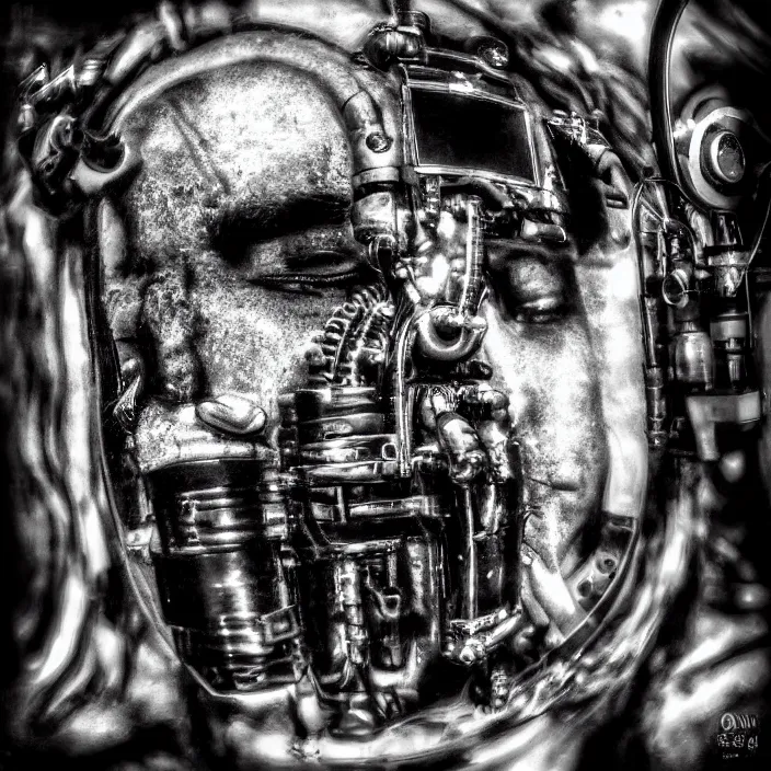 Prompt: “Close-up of a face of singing Cyborg Black Blues Singer with steampunk guitar and massive keyboard. Old torn photograph. Fisheye lens.”