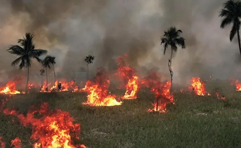 Image similar to a photo of a zombie apocalypse in miami, fire, tendrils, overgrown