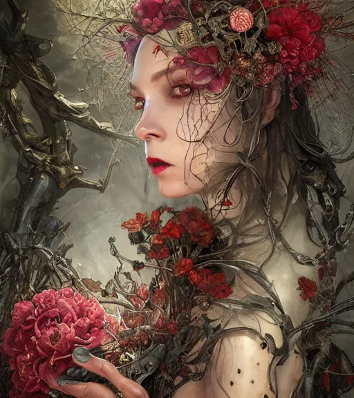 Image similar to portrait of the supreme queen of the blood cult, surrounded by skulls and overgrowth and dark flowers by karol bak, Akihiko Yoshida, Yoshitaka Amano,Marc Simonetti, WLOP, James Jean!, tom bagshaw, rococo, trending on artstation, fantasy magic fashion queen, glossy eyes, face, elegant, highly detailed, digital painting, concept art, smooth, sharp focus, illustration, cinematic lighting, hyper realism, octane render, 8k, hyper detailed.