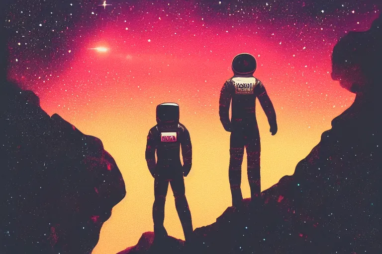 Image similar to an astronaut standing on mars in the style of flooko, acrylic art, detailed, moonlight, red lighting, bokeh, synthwave, psychedelic, glitch, neon,