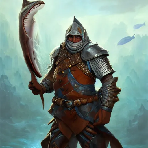 Image similar to a detailed portrait of a shark water sorcerer dressed with a leather armor, by justin gerard and greg rutkowski, digital art, realistic painting, dnd, character design, trending on artstation