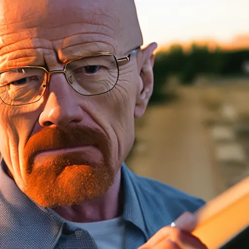 Prompt: walter white using a laptop, movie still, golden hour, dslr photography 3 5 mm