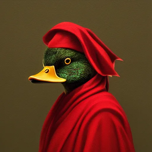 Prompt: portrait of cute mallard duck, wearing cultist red robe, noose around neck, doing witchcraft, expressive oil painting, digital art, octane render