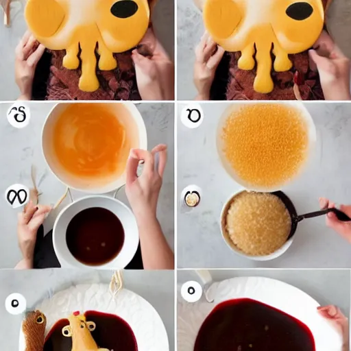 Image similar to making of an edible giraffe from noodles and soy sauce in 1 0 easy steps, from the beautiful'how to make food art step by step collection ', dslr