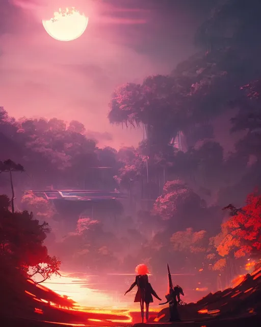 Image similar to beautiful landscape, nier automata, protoss!!, temple!!, machine planet, mothership in the sky, pink sun, tropical forest, colorful light, advanced technology, cinematic lighting, highly detailed, masterpiece, art by bastien grivet and darwin cellis and jan urschel