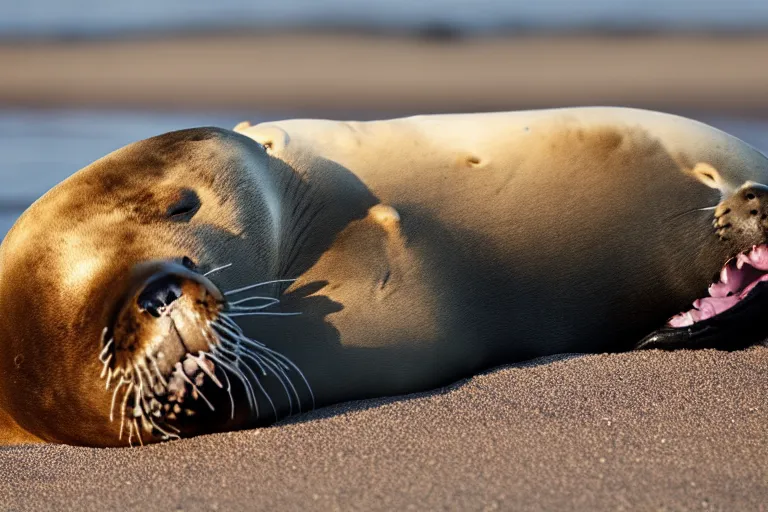 Prompt: professional photo of a sea lion body and canine wolf muzzle head half wolf half sea lion strange chimera discovered on the beach