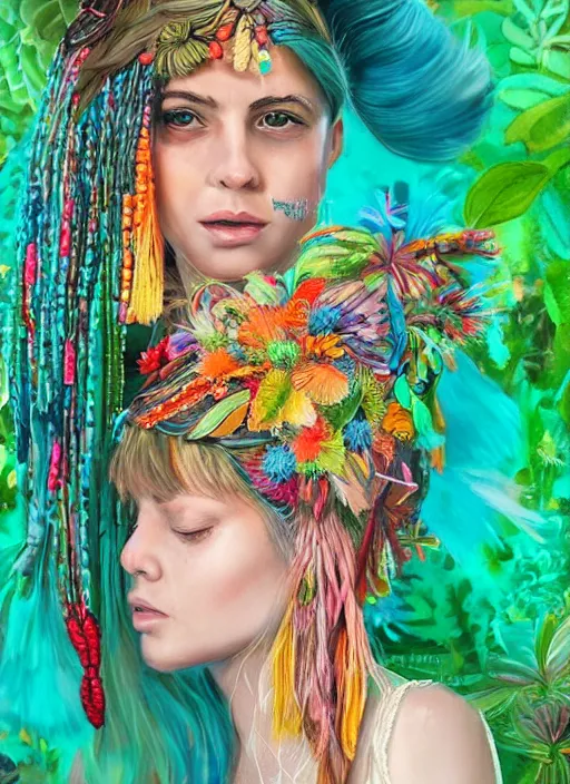 Image similar to beautiful portrait of a mediterranean female wearing fantastic Hand-dyed cotton dress, embellished beaded feather decorative fringe knots ,colorful pigtail,subtropical flowers and plants,symmetrical face,intricate,elegant, highly detailed, 8k,post-processing,digital painting, trending on pinterest, arper's bazaar,concept art, sharp focus, illustration, by artgerm,Tom Bagshaw,Lawrence Alma-Tadema,greg rutkowski,alphonse Mucha