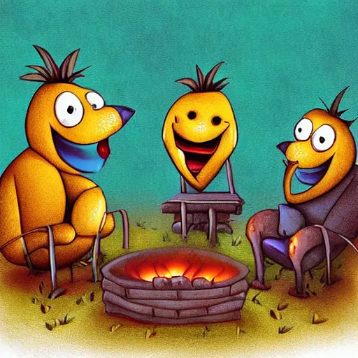 Image similar to anthropomorphic prunes sit around a campfire having a discussion on the taste of pineapples, digital art