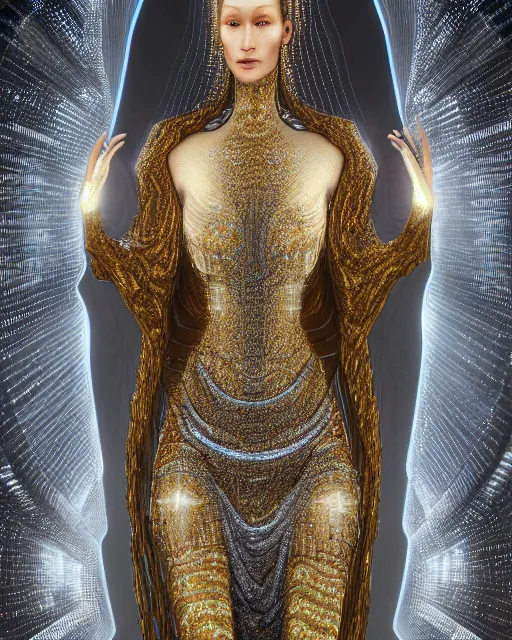 Image similar to a highly detailed metahuman 4 k close up render of an alien goddess bella hadid as mother of god in iris van herpen dress schiaparelli in diamonds crystals swarovski and jewelry iridescent in style of alphonse mucha gustav klimt trending on artstation made in unreal engine 4