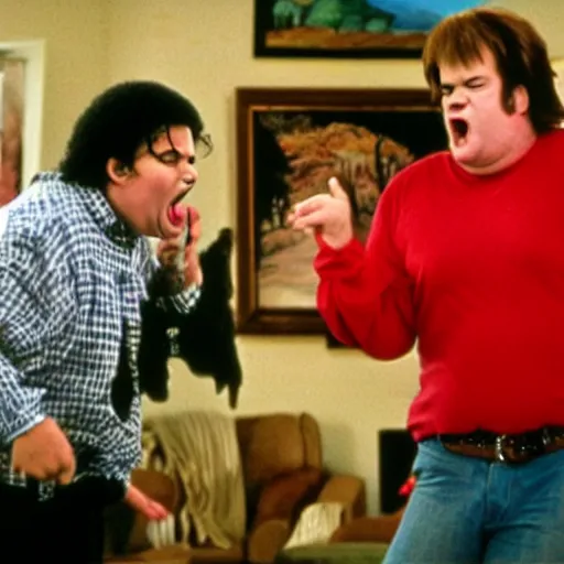 Prompt: mad michael jackson yelling at sad chris farley for messing up his bob ross painting