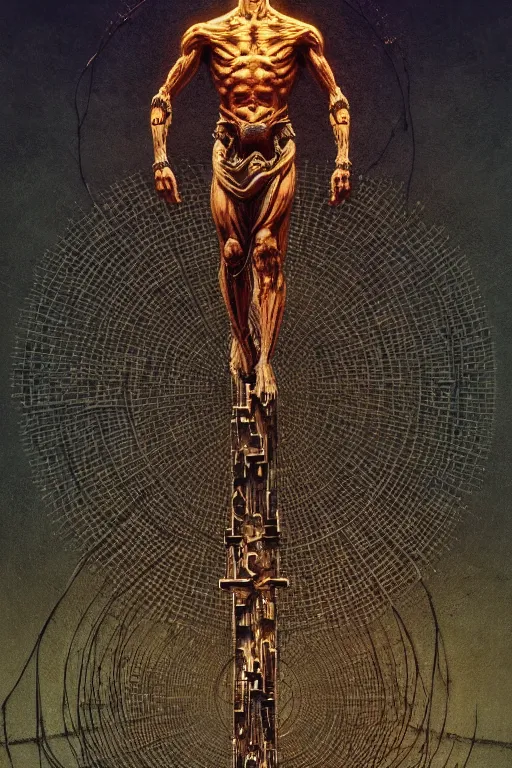 Image similar to full body shot of a cybernetic jesus on the cross, wires, cyberpunk art by beksinski and giger and seb mckinnon and josan gonzalez, digital art, highly detailed, intricate, sharp focus, trending on artstation hq, deviantart, pinterest, unreal engine 5, 4 k uhd image