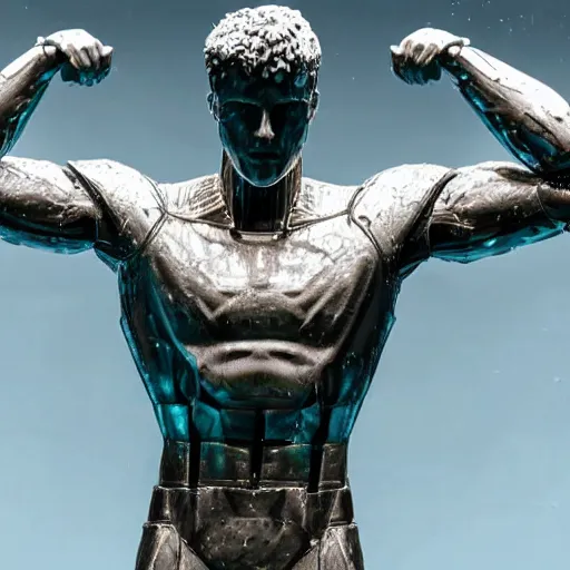 Image similar to a realistic detailed photo of a guy who is an attractive humanoid who is half robot and half humanoid, who is a male android, soccer player martin ødegaard, shiny skin, posing like a statue, blank stare, by the pool, on display, showing off his muscles, humanoid robot, frozen ice statue, made of ice