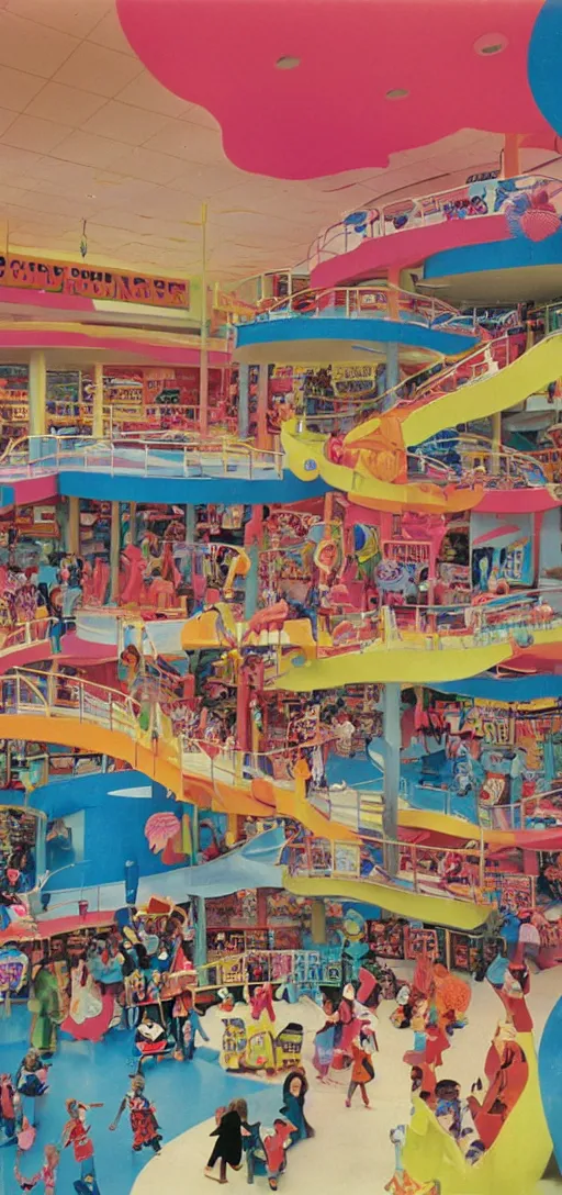 Prompt: the interior of a colorful dr. seuss - themed 1 9 8 0 s mall with mall - goers