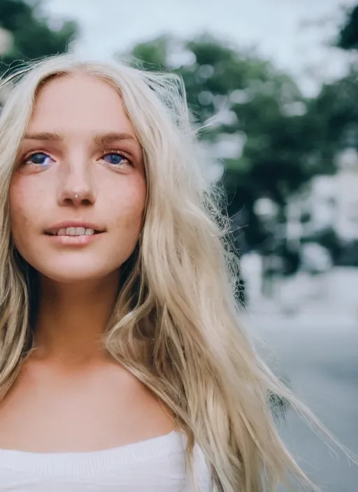 Image similar to Portrait Photography closeup of a Blonde Girl, Young Beautiful Face, Green Eyes, Freckles, Wearing a white crop-top and jeans, with a subtle smile, Epic, Charming, Character, trending on 500px