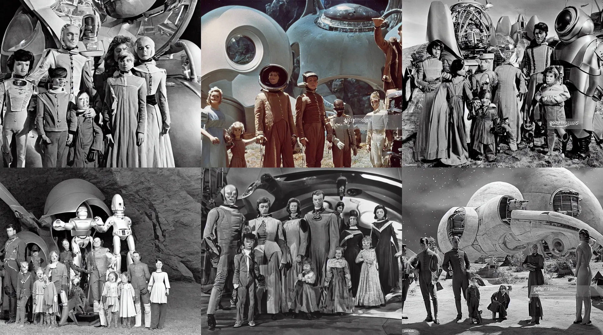 Prompt: sharp, detailed, 256k film still from a sci fi blockbuster color movie made in 1960, set in 1860, of a family standing in front of a spaceship that has just landed on an alien planet, a humanoid alien creature stands nearby, the family are all wearing 1850s era clothes, cinematic lighting, good photography, sharp focus